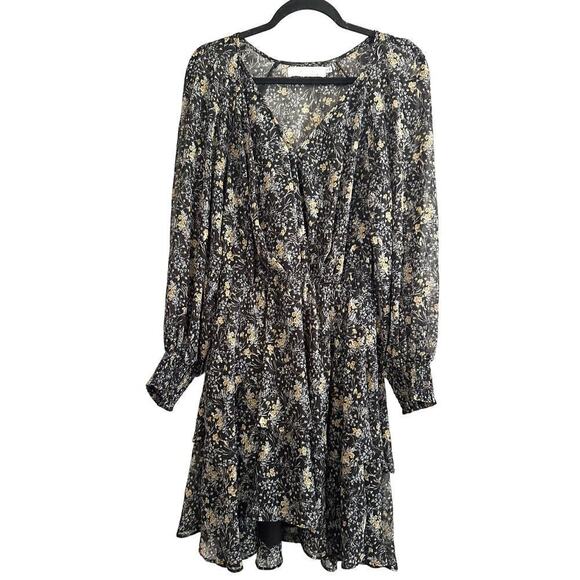 ASTR The Label Floral Faux Wrap Smocked Cuff Plunging Shirt V Neck Semi Sheer M - Picture 1 of 5